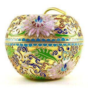 vintage Chinese Cloisonne Apple Trinket Box Brass Enamel Lotus Flower Fruit Stem